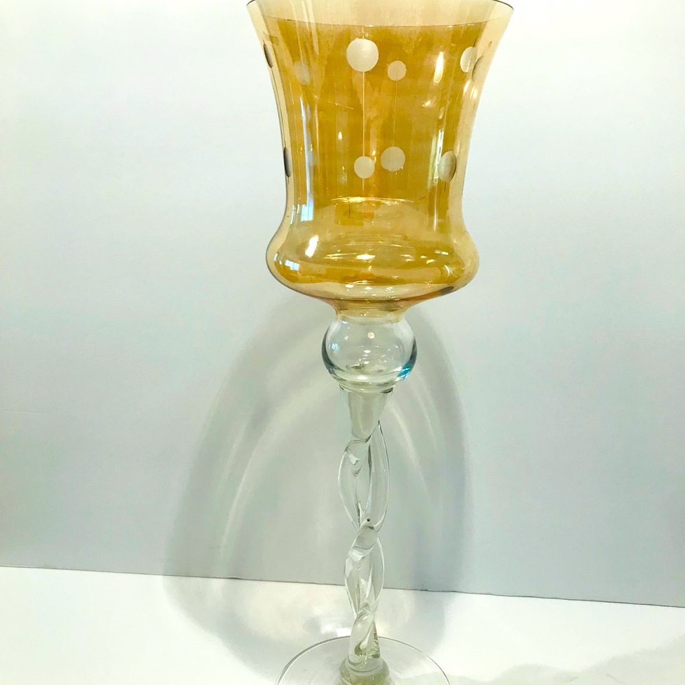 Vintage Amber Etched Glass Vase Candle Holder Giant 16” Tall Hand Blown.